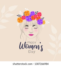 Elegant greeting card design with illustration of young girl,flowers,printed background for Happy Women's Day celebration