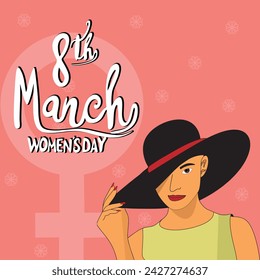 Elegant greeting card design with illustration of young girl wearing hat for Happy Women's Day celebration on pink background with flowers and female sign.