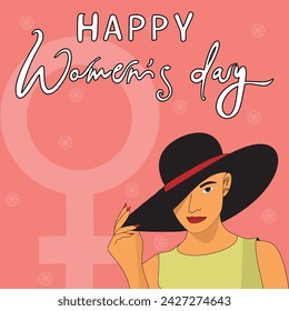 Elegant greeting card design with illustration of young girl wearing hat for Happy Women's Day celebration on pink background with flowers and female sign.