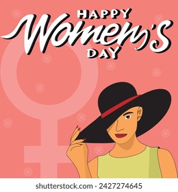 Elegant greeting card design with illustration of young girl wearing hat for Happy Women's Day celebration on pink background with flowers and female sign.