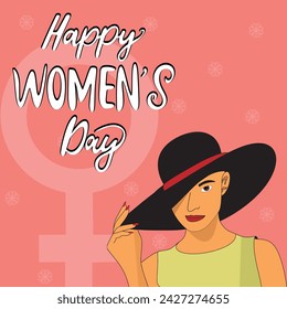 Elegant greeting card design with illustration of young girl wearing hat for Happy Women's Day celebration on pink background with flowers and female sign.