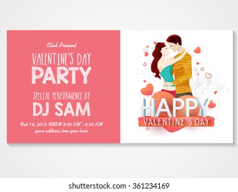 Elegant greeting card design with illustration of young couple for Valentine's Day Party celebration.