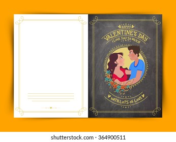 Elegant greeting card design with illustration of young couple in love for Happy Valentine's Day celebration.