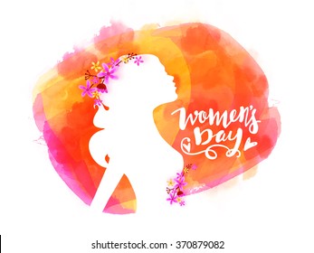 Elegant greeting card design with illustration of young girl on colorful background for Happy Women's Day celebration.