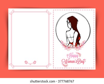 Elegant greeting card design with illustration of a young girl for Happy Women's Day celebration.
