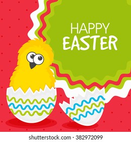 Elegant greeting card design with illustration of cute chick in broken egg for Happy Easter celebration.