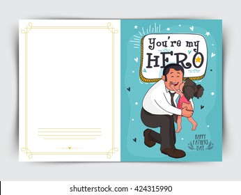 Elegant Greeting Card design with illustration of a cute little daughter kissing her father for Happy Father's Day celebration.