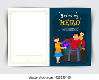 Elegant greeting card design with illustration of cute kids giving surprise to their father for Happy Father's Day celebration.