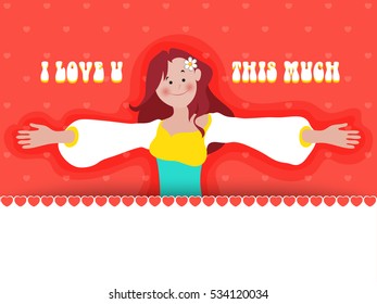 Elegant greeting card design with illustration of young girl showing her love, Vector for Valentine's Day celebration.