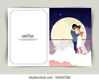 Elegant Greeting Card design with illustration of young dancing couple for Happy Valentine's Day celebration.