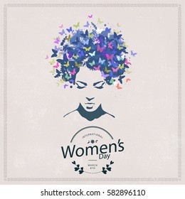 Elegant greeting card design with illustration of young girl for Happy Women's Day celebration.