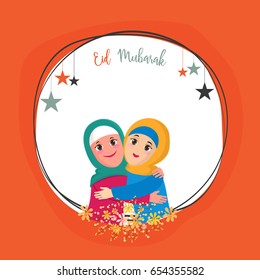 Elegant greeting card design with illustration of hugging islamic women for Eid Mubarak.