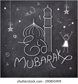 Elegant greeting card design with mosque on stylish chalkboard background for holy festival of Muslim community, Eid Mubarak celebration.