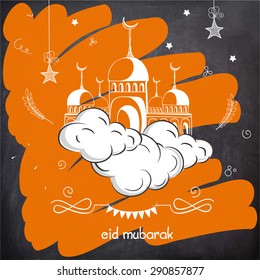 Elegant greeting card design with mosque on clouds for famous Islamic festival, Eid Mubarak celebration.