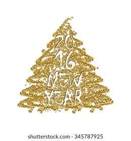 Elegant greeting card design  on tree of golden sand decorated background for Happy New Year celebration.