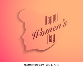 Elegant greeting card design with paper cut out of a young girl face for Happy Women's Day celebration.