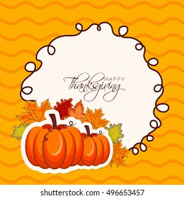 Elegant greeting card design with pumpkins and maple leaves for Happy Thanksgiving Day celebration.