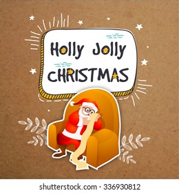 Elegant greeting card design with Santa Claus sitting on sofa and reading long wish list on grungy background for Holly Jolly Christmas celebration.