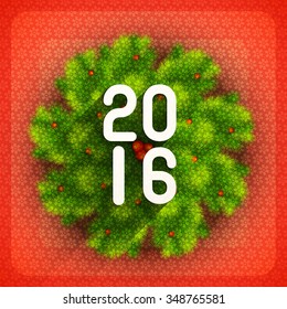 Elegant greeting card design with shiny text 2016 on fir tree branches for Happy New Year celebration.