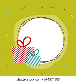 Elegant greeting card design with striped gift box and blank frame on green background.