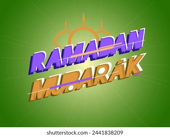 Elegant greeting card design with stylish 3D text Ramadan Mubarak in pink and green colors for Islamic holy month of prayers, celebration.