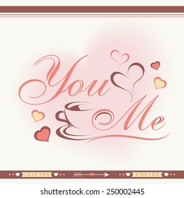 Elegant greeting card design with stylish text, coffee mug and hearts for Happy Valentines Day celebration.