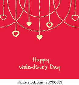 Elegant greeting card design with stylish hanging hearts on red background for Happy Valentine's Day celebrations .
