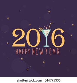 Elegant greeting card design with stylish text 2016 and juice glass for Happy New Year celebration.