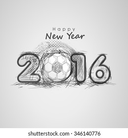 Elegant greeting card design with stylish text 2016 and football on grey background for Happy New Year celebration.