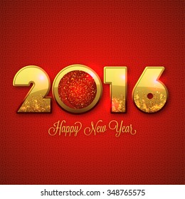 Elegant greeting card design with stylish golden text 2016 on shiny red background for Happy New Year celebration.