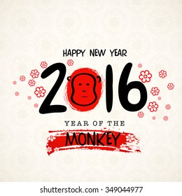 Elegant greeting card design with stylish text 2016 on floral decorated background for Year of the Monkey celebration.