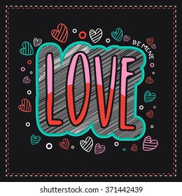 Elegant greeting card design with stylish text Love and colorful hearts for Happy Valentine's Day celebration.