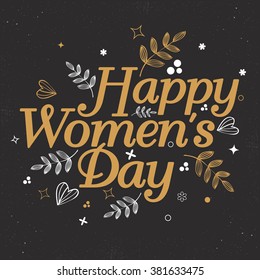 Elegant greeting card design with stylish text Happy Women's Day on floral leaves decorated background.