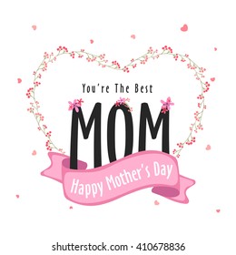 Elegant greeting card design with stylish text Mom in creative heart shape and pink ribbon for Happy Mother's Day celebration.
