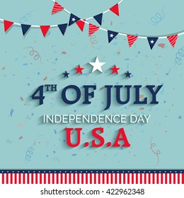 Elegant Greeting Card design with Stylish Text 4th of July on Flag color buntings decorated background for American Independence Day celebration.