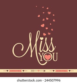 Elegant greeting card design with text Miss You and pink hearts for Valentines Day celebration.