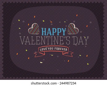 Elegant greeting card design with text Happy Valentines Day and creative hearts on stylish purple background.