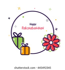 Elegant Greeting Card design with wrapped gifts and beautiful flower decoration for Indian Festival of Brothers and Sisters, Happy Raksha Bandhan celebration.