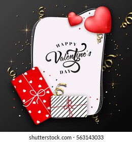 Elegant Greeting Card design with wrapped gift boxes and glossy hearts for Happy Valentine's Day celebration.