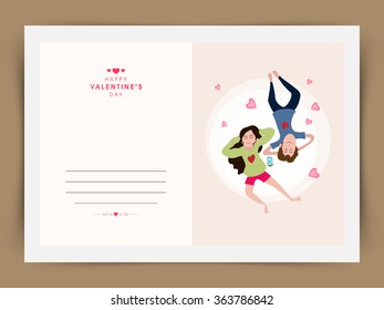 Elegant greeting card design with young couple listening music for Happy Valentine's Day celebration.