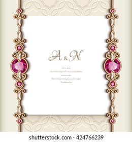 Elegant greeting card with diamond jewelry border decoration, vintage wedding invitation or announcement template, vector illustration