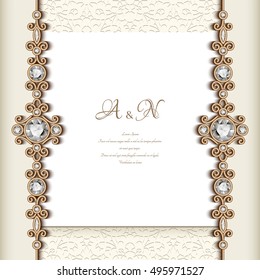 Elegant greeting card with diamond jewelry border decoration, vintage wedding invitation or announcement template, eps10 vector illustration