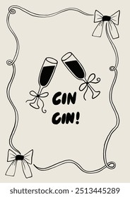 Elegant greeting card featuring champagne flutes and decorative bows. Perfect for festive celebrations, weddings, or anniversaries. The phrase 'Cin Cin' adds a joyful touch