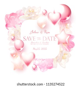 Elegant Greeting Card with Flowers and Glossy Balloons. Luxury Tulips Invutation. Wedding, Birthday, Anniversary and so on. Vector illustration