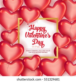 Elegant greeting card with frame and glossy red hearts for happy Valentine's Day celebration. 