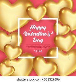 Elegant greeting card with frame and glossy gold hearts for happy Valentine's Day celebration. 