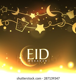 Elegant greeting card with gifts, moon and stars buinding by a rope on mosque silhouette background for muslim community festival, Eid Mubarak celebration.