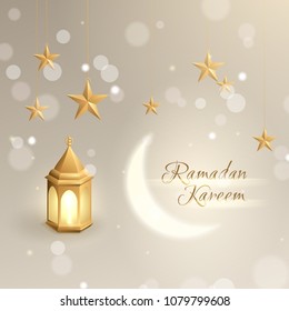 Elegant greeting card with gold islamic lantern, hanging 3d realistic stars, a shiny moon and a text “Ramadan Kareem”. Vector template with the background with effect bokeh.
