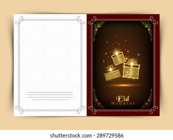 Elegant greeting card with golden floral design decorated gifts for Muslim community festival, Eid Mubarak celebration.