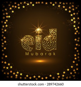 Elegant greeting card with golden text Eid Mubarak on stars decorated shiny brown background for Muslim community festival celebration.